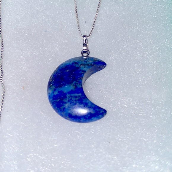 Boho hippie Blue Lapis Lazuli Moon 🌙 Sterling Silver Necklace - Picture 2 of 4